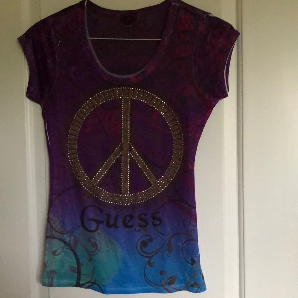 Women Guess Top Rhinestone Peace Sign PurplePink S
